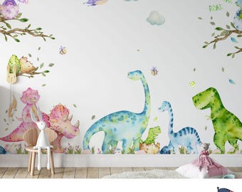 Naklejki ścienne z akwarelowymi dinozaurami do pokoju dziecięcego – urocze naklejki z dinozaurami i wulkanem oraz małymi dinozaurami – idealny prezent dla chłopca