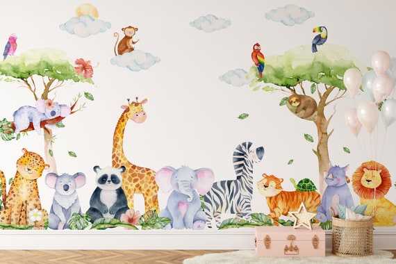 ZOO ANIMALS wall stickers 59 decals 33" giraffe monkey elepant safari jungle 