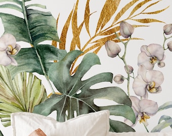 Stickers muraux bohèmes - feuilles de palmier - aquarelle tropicale - décoration de chambre d'enfant - jardin de fleurs bohèmes