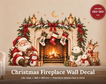 Christmas Fireplace Wall Decal, Life Size Faux Fireplace Sticker 180x160 cm, Peel and Stick Santa Wall Art, Kids Room Holiday Decor