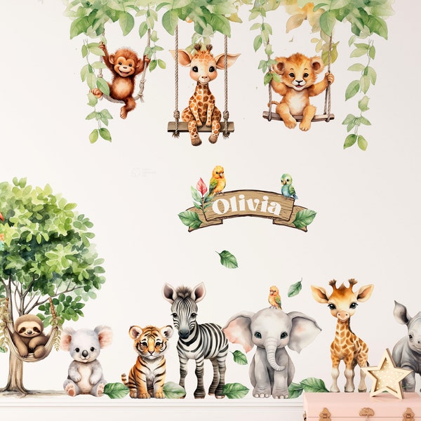Big Jungle Wall Stickers - Safari Animals on Swings - Kids Playroom & Nursery Decal