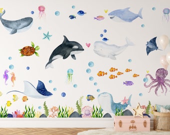 Calcomanía de pared de animales oceánicos - Pegatina de pared submarina de vivero - Calcomanías de animales marinos - Decoración de vivero náutico - Pelar y pegar