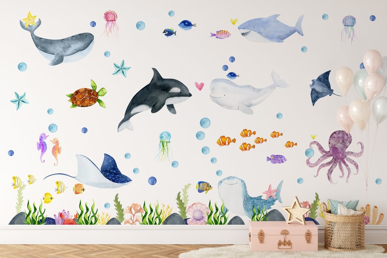 Ocean Animals Wall Decal Nursery Undersea Wallsticker Sea Animals Decals Nautical Nursery Decor Peel and Stick image 1