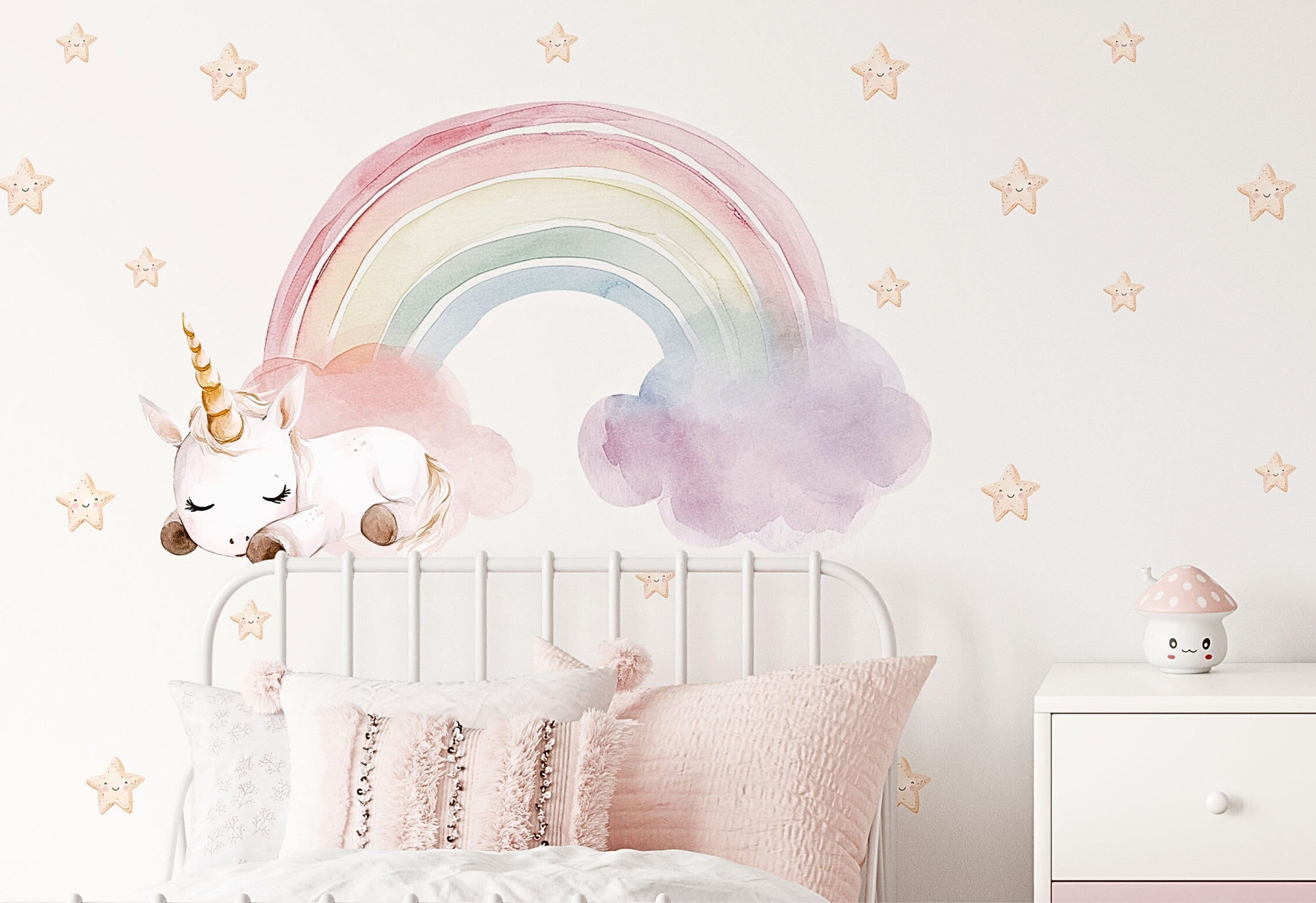Stickers Muraux Licorne Et Arc-en-ciel - Pour Chambre Fille, Facile à Coller Et à Enlever - Pack 3 Feuilles