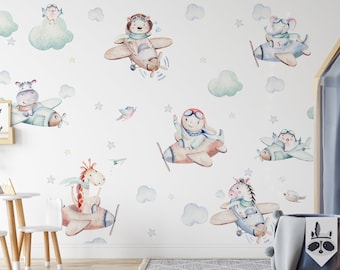 Vinilos decorativos de aviones para la pared, ideales para niños: animales en aviones, decoración para la habitación infantil.