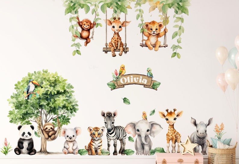 Décalcomanies murales XXL animaux de safari Animaux de la jungle sur une balançoire Animal de zoo Stickers muraux pour chambre d'enfant Décoration de salle de jeux image 1