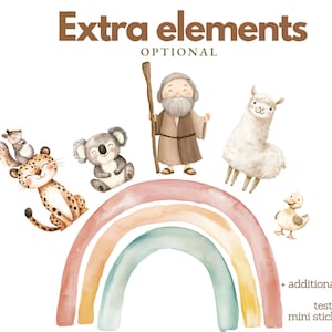 Puede incluir: Un conjunto de pegatinas estilo acuarela con un arco&iacute;ris, un leopardo con una ardilla, un koala, una figura barbuda con un bast&oacute;n, una llama y un pato. El texto dice Extra elements OPTIONAL, additionally in each set, test sticker, mini stickers as a gift.