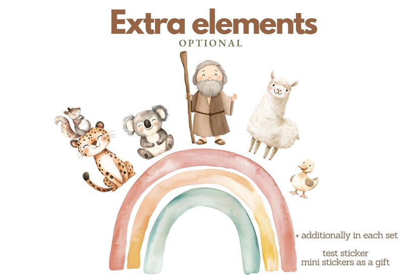 Puede incluir: Un conjunto de pegatinas estilo acuarela con un arco&iacute;ris, un leopardo con una ardilla, un koala, una figura barbuda con un bast&oacute;n, una llama y un pato. El texto dice Extra elements OPTIONAL, additionally in each set, test sticker, mini stickers as a gift.