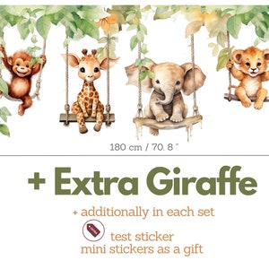 Stickers muraux pour chambre d'enfants Animaux sur balançoires Stickers muraux Safari Déco pour chambre d'enfant dans la jungle + Extra Jiraffe