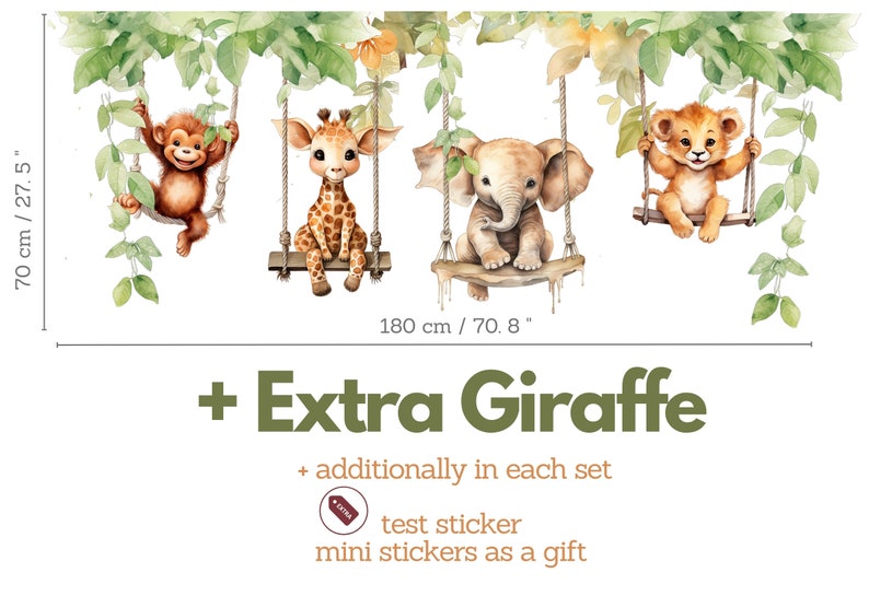 Stickers muraux pour chambre d'enfants Animaux sur balançoires Stickers muraux Safari Déco pour chambre d'enfant dans la jungle + Extra Jiraffe