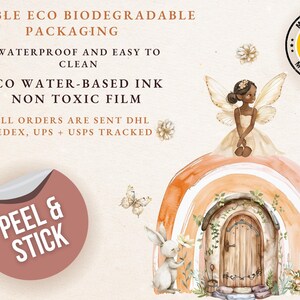 May include: A peel and stick wall decal featuring a rainbow archway with a door, a fairy with brown skin and wings, a rabbit, and a deer. The decal is made in Spain and is waterproof, easy to clean, and made with eco-friendly water-based ink.