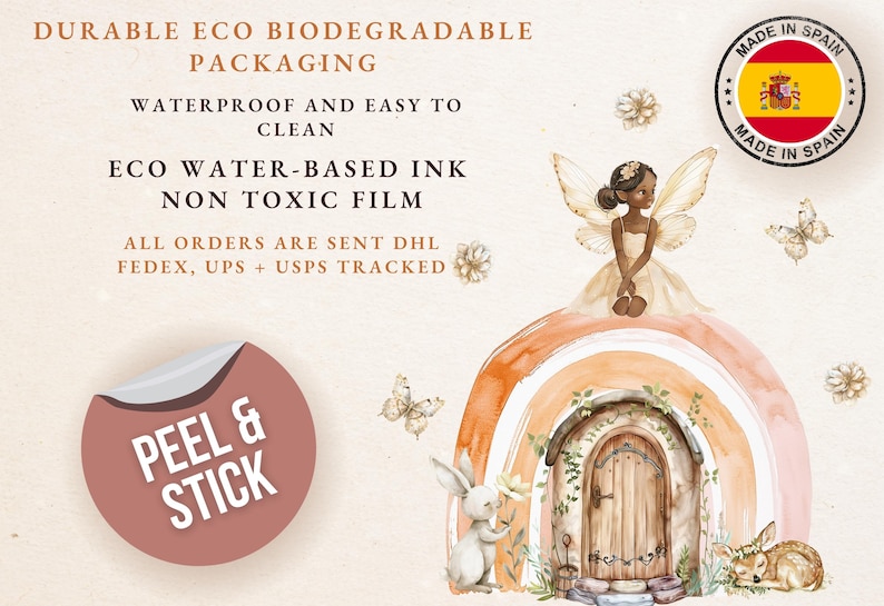 May include: A peel and stick wall decal featuring a rainbow archway with a door, a fairy with brown skin and wings, a rabbit, and a deer. The decal is made in Spain and is waterproof, easy to clean, and made with eco-friendly water-based ink.