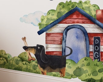 May include: A watercolor illustration of a dachshund dog holding a bone in its mouth, standing in front of a red and white dog house with a blue door. The dog house has a sign that says "DOG" on it. The illustration is surrounded by green bushes.