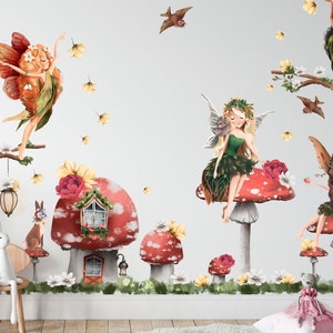 May include: A set of colourful fairy wall decals featuring fairies with wings, sitting on mushrooms, and flying in the air. The decals also include a crescent moon, a branch with leaves, and flowers.