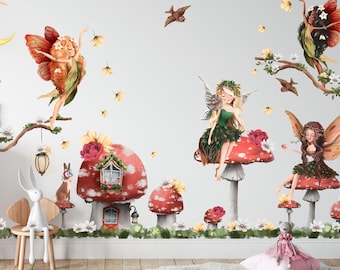 Woodland Fairy Garden Wall Decals for Kids Room | Removable Toadstool Fairy House Mural