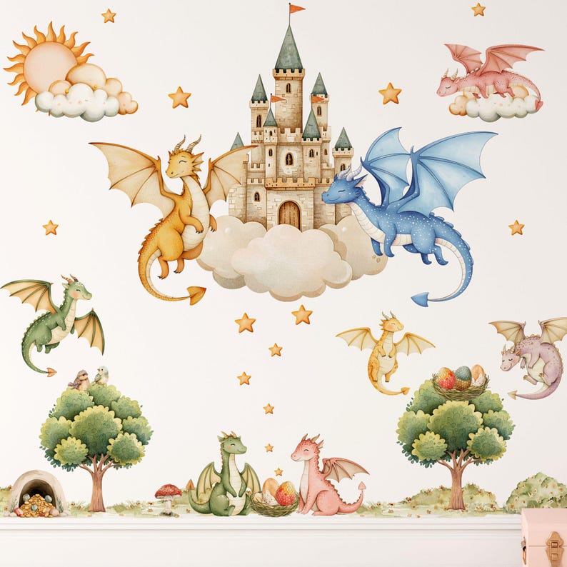 Baby Dragons Wall Decal for Kids Room | Fantasy Castle Nursery Wall ...