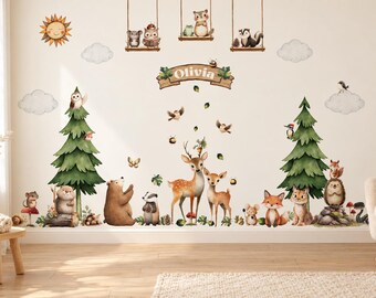 Woodland Nursery Wall Decals, Forest Animals Wall Stickers, Personalized Name Decal, Deer Fox Bear Tree Nursery Decor