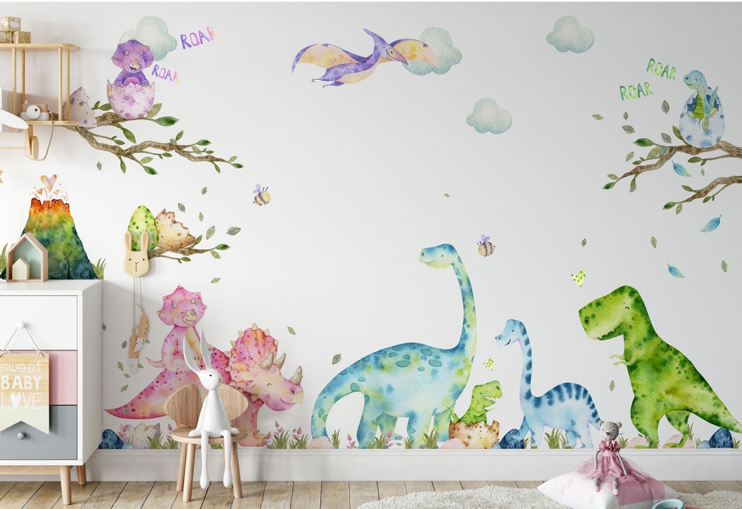Watercolor Dinosaur Wall Decals | Nursery Dino Decor - Etsy
