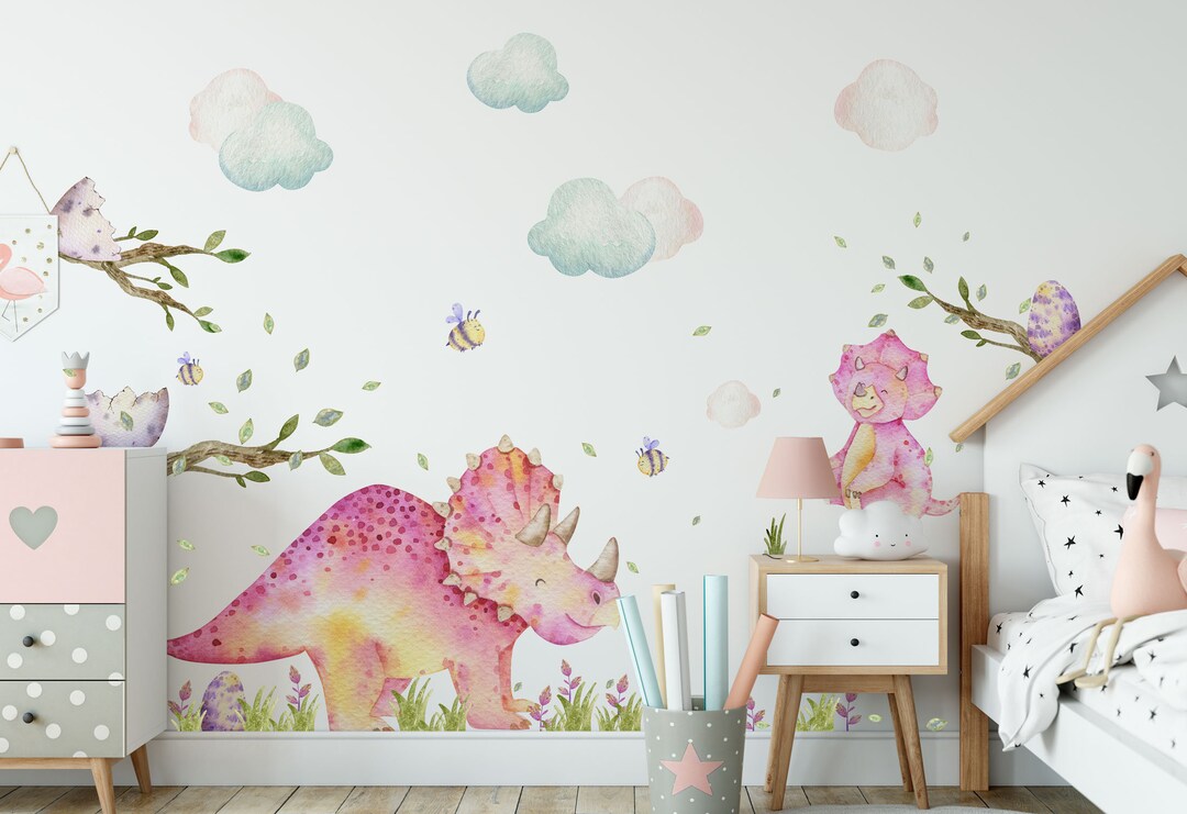 Pink Dinosaur Wall Decals for Girls Room Watercolor Dino Girl Wall