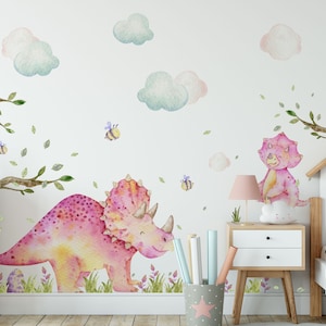 Pink Dinosaur Wall Decals for Girls Room - Watercolor Dino Girl Wall sticker Set - Girly Nursery Triceratops - 190 Elements