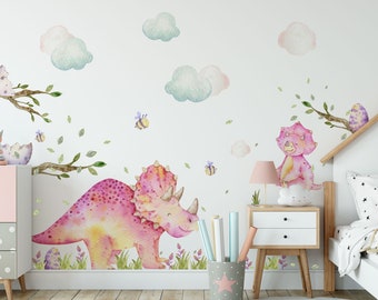 Rosa Dinosaurier Wandtattoos für Mädchenzimmer - Aquarell Dino Mädchen Wandaufkleber Set - Girly Kinderzimmer Triceratops - 190 Elements