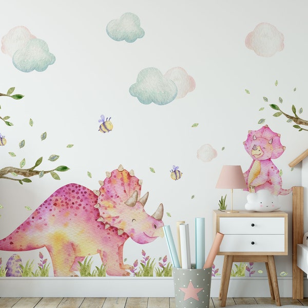 Pink Dinosaur Wall Decals for Girls Room - Watercolor Dino Girl Wall sticker Set - Girly Nursery Triceratops - 190 Elements