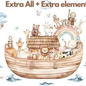 Puede incluir: Una ilustraci&oacute;n en acuarela del arca de No&eacute; con un barco de madera lleno de animales como un le&oacute;n, tigre, elefante, jirafa y oso, coronado con un arco&iacute;ris, nubes y una figura, con el texto Extra All + Extra elements.