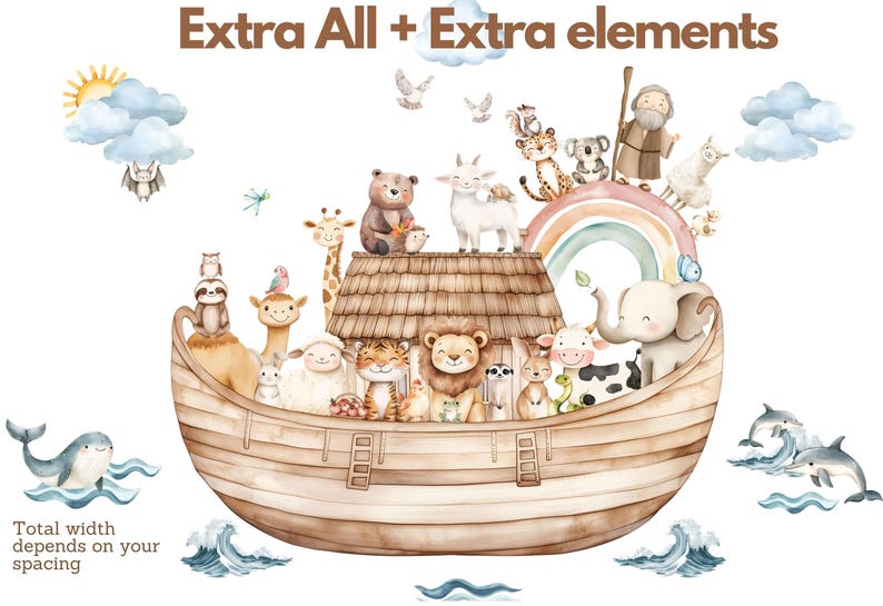 Puede incluir: Una ilustraci&oacute;n en acuarela del arca de No&eacute; con un barco de madera lleno de animales como un le&oacute;n, tigre, elefante, jirafa y oso, coronado con un arco&iacute;ris, nubes y una figura, con el texto Extra All + Extra elements.