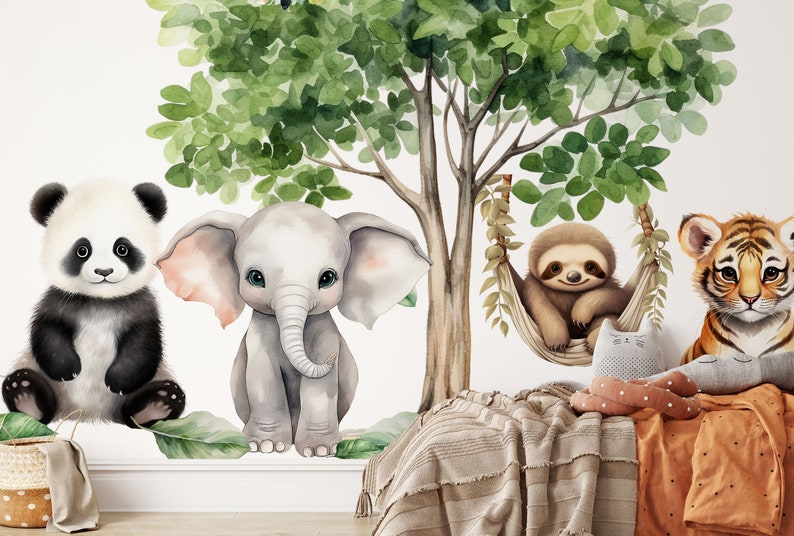 Décalcomanies murales XXL animaux de safari Animaux de la jungle sur une balançoire Animal de zoo Stickers muraux pour chambre d'enfant Décoration de salle de jeux image 2