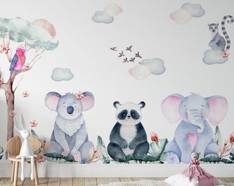Animali da meditazione Stickers murali per la scuola materna - Decalcomanie da muro ad acquerello per la camera dei bambini con animali - Elefante, Panda, Koala, Lemure, Pappagallo