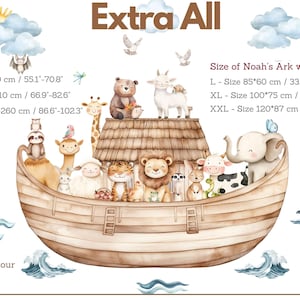 May include: Watercolor illustration of Noah's Ark with various animals, including a giraffe, lion, and elephant. The ark is a light brown color, and the animals are depicted in a cute, cartoonish style. The overall width is 55.1"-102.3".