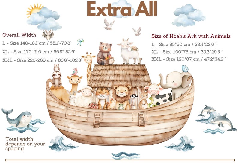 May include: Watercolor illustration of Noah's Ark with various animals, including a giraffe, lion, and elephant. The ark is a light brown color, and the animals are depicted in a cute, cartoonish style. The overall width is 55.1"-102.3".