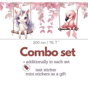May include: A pink flamingo and a white unicorn on swings hanging from pink floral vines. The set measures 78.7 inches wide and 27.5 inches tall. The text "Combo set" is written in brown letters. The text "+ additionally in each set" is written in black letters. The text "test sticker" is written in black letters. The text "mini stickers as a gift" is written in black letters.