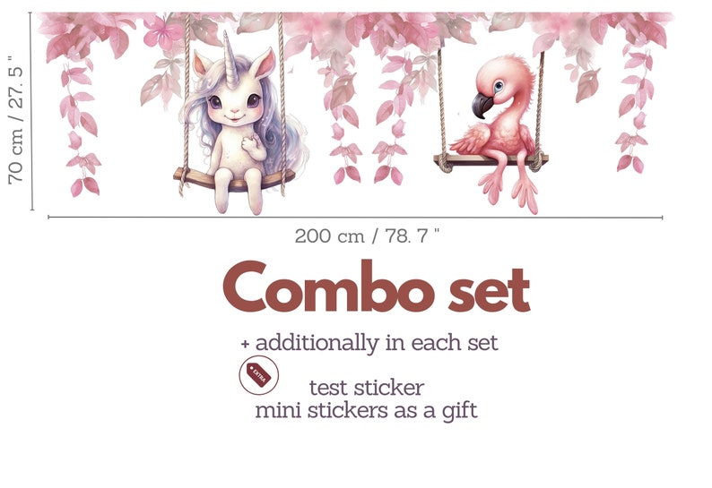 May include: A pink flamingo and a white unicorn on swings hanging from pink floral vines. The set measures 78.7 inches wide and 27.5 inches tall. The text "Combo set" is written in brown letters. The text "+ additionally in each set" is written in black letters. The text "test sticker" is written in black letters. The text "mini stickers as a gift" is written in black letters.