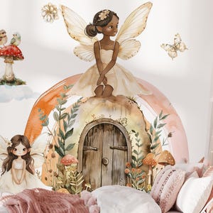 May include: A watercolour illustration of a fairy with brown skin and wings sitting on a mushroom with a door. The fairy is wearing a white dress and has a flower in her hair. The background is a watercolour rainbow with green leaves and mushrooms.