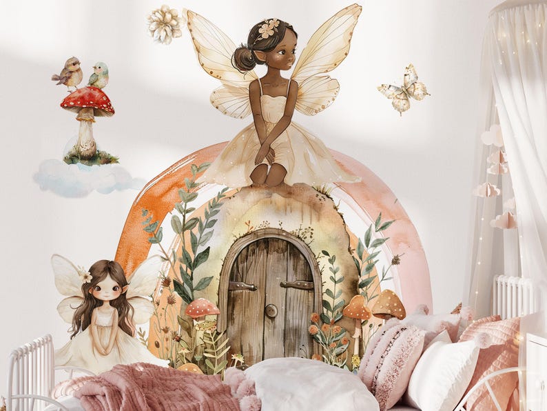 May include: A watercolour illustration of a fairy with brown skin and wings sitting on a mushroom with a door. The fairy is wearing a white dress and has a flower in her hair. The background is a watercolour rainbow with green leaves and mushrooms.