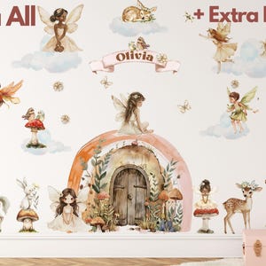 May include: A set of fairy and woodland creature wall decals featuring a rainbow arch, a door, mushrooms, a deer, a unicorn, and fairies. The decals are in shades of brown, pink, green, and white. The text "Olivia" is included in the design.