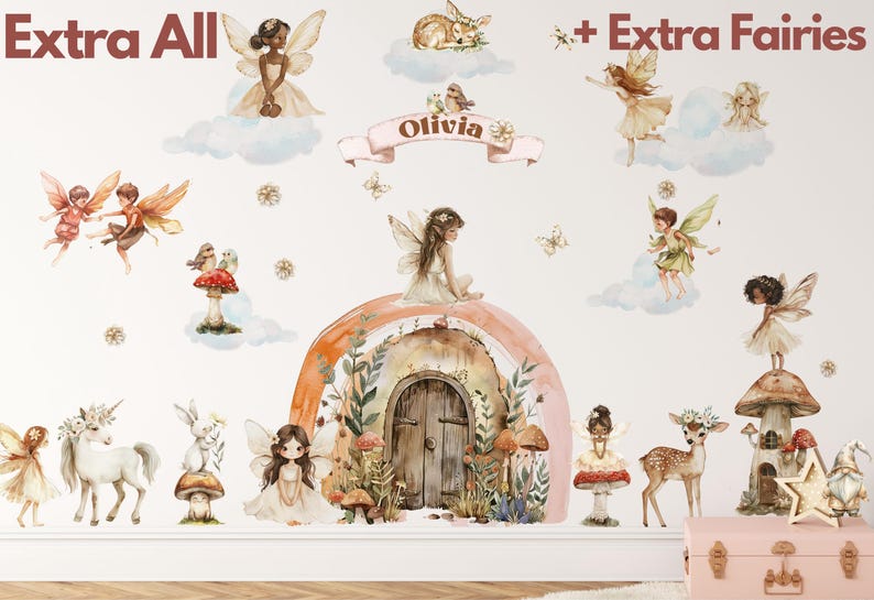 May include: A set of fairy and woodland creature wall decals featuring a rainbow arch, a door, mushrooms, a deer, a unicorn, and fairies. The decals are in shades of brown, pink, green, and white. The text "Olivia" is included in the design.
