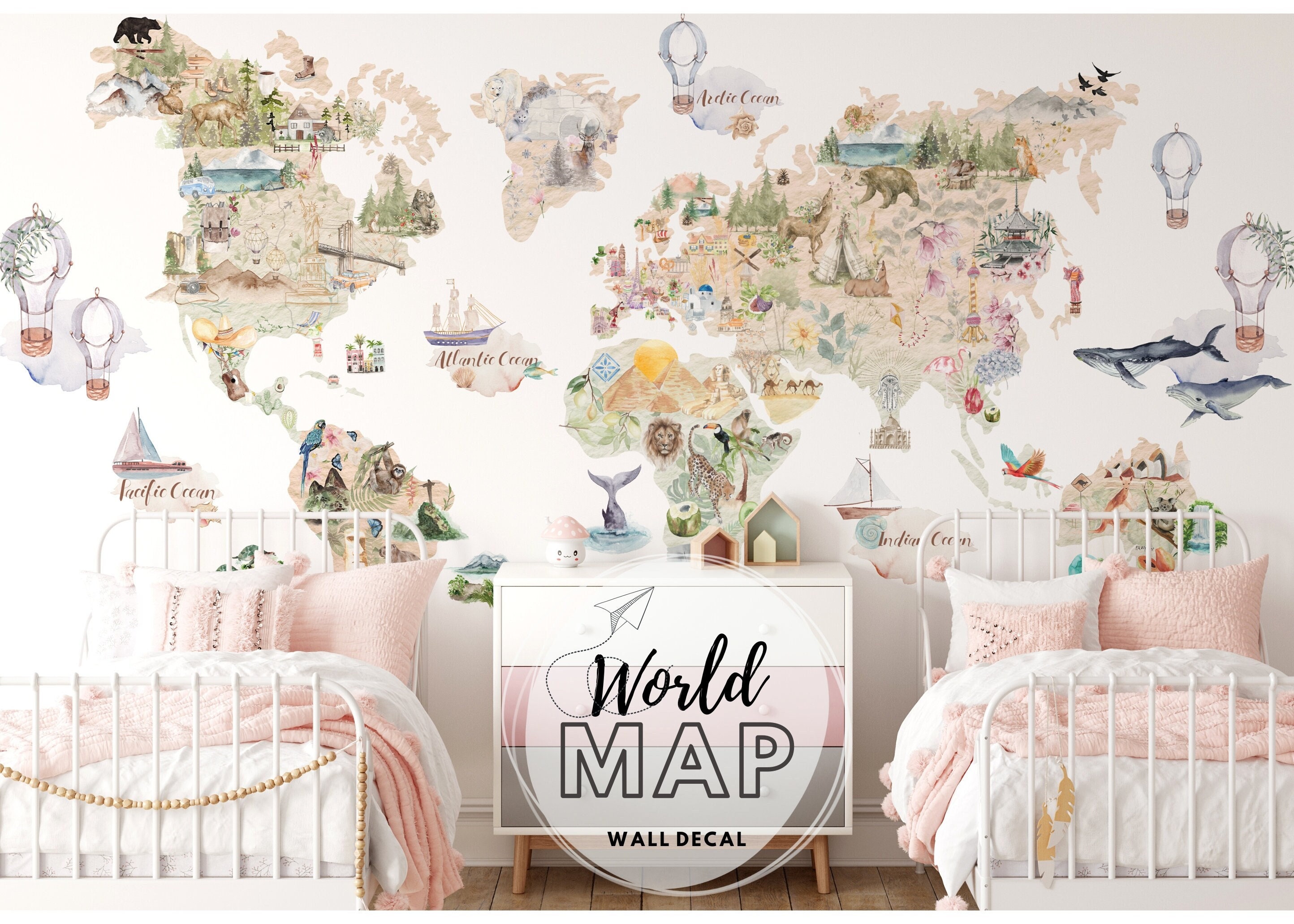 ANIMAL WORLD MAP Wall Decal for Kids Room Nursery Wall Etsy