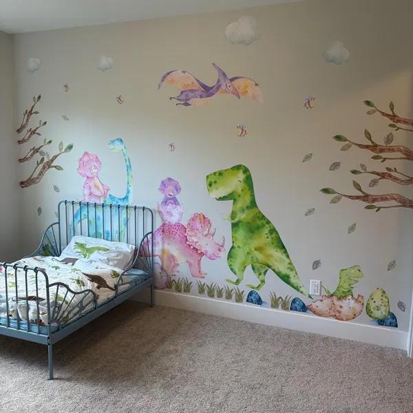 Aquarel Dinosaurus Muurstickers, Grote Peel en Stick Dino Tropische Plant Decal Bos Dinosaurus Muurpapier voor Baby Jongen Meisje Peuter Kid Slaapkamer Kwekerij Speelkamer Klaslokaal Woonkamer Decor