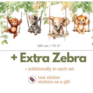 Stickers muraux pour chambre d'enfants Animaux sur balançoires Stickers muraux Safari Déco pour chambre d'enfant dans la jungle + Extra Zebra