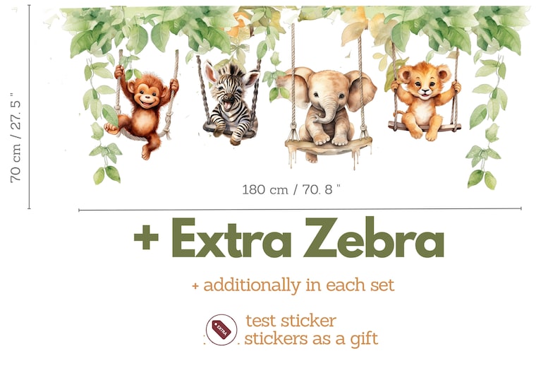 Stickers muraux pour chambre d'enfants Animaux sur balançoires Stickers muraux Safari Déco pour chambre d'enfant dans la jungle + Extra Zebra