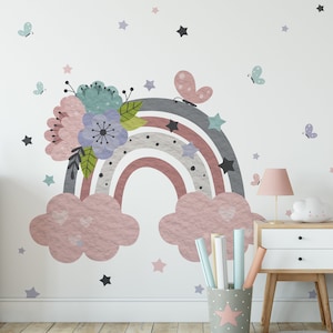 Sticker mural arc-en-ciel aquarelle : décoration de chambre d&#39;enfant pastel bohème
