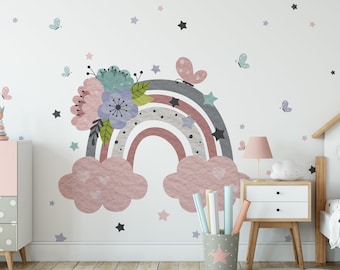Calcomanía de pared de arcoíris de acuarela: decoración infantil estilo bohemio pastel