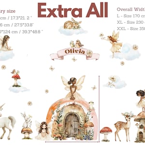 May include: A watercolour illustration of a fairy door with a rainbow archway, mushrooms, a deer, a unicorn, and fairies. The illustration is available in three sizes: 44 x 54 cm, 70 x 86 cm, and 100 x 124 cm. The overall width of the illustration is 170 cm, 230 cm, and 350 cm, depending on the size.