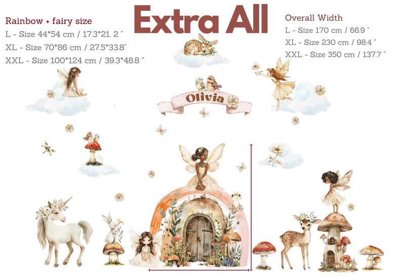 May include: A watercolour illustration of a fairy door with a rainbow archway, mushrooms, a deer, a unicorn, and fairies. The illustration is available in three sizes: 44 x 54 cm, 70 x 86 cm, and 100 x 124 cm. The overall width of the illustration is 170 cm, 230 cm, and 350 cm, depending on the size.