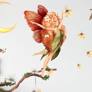 Fairy Wall Decals for Girls Room with fairy tree, flowers, mushrooms and moon wall sticker for girls bedroom decoration