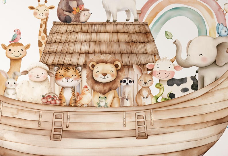 Puede incluir: Un vinilo decorativo de acuarela que muestra un arca de madera llena de varios animales, incluyendo un le&oacute;n, tigre, elefante, jirafa, oveja y conejo. Un arco&iacute;ris se arquea sobre el techo, con p&aacute;jaros peque&ntilde;os y una mariposa alrededor.