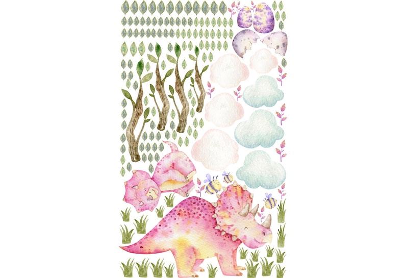190 Elements Pink Dinosaur Wall Decals for Girls Room Etsy