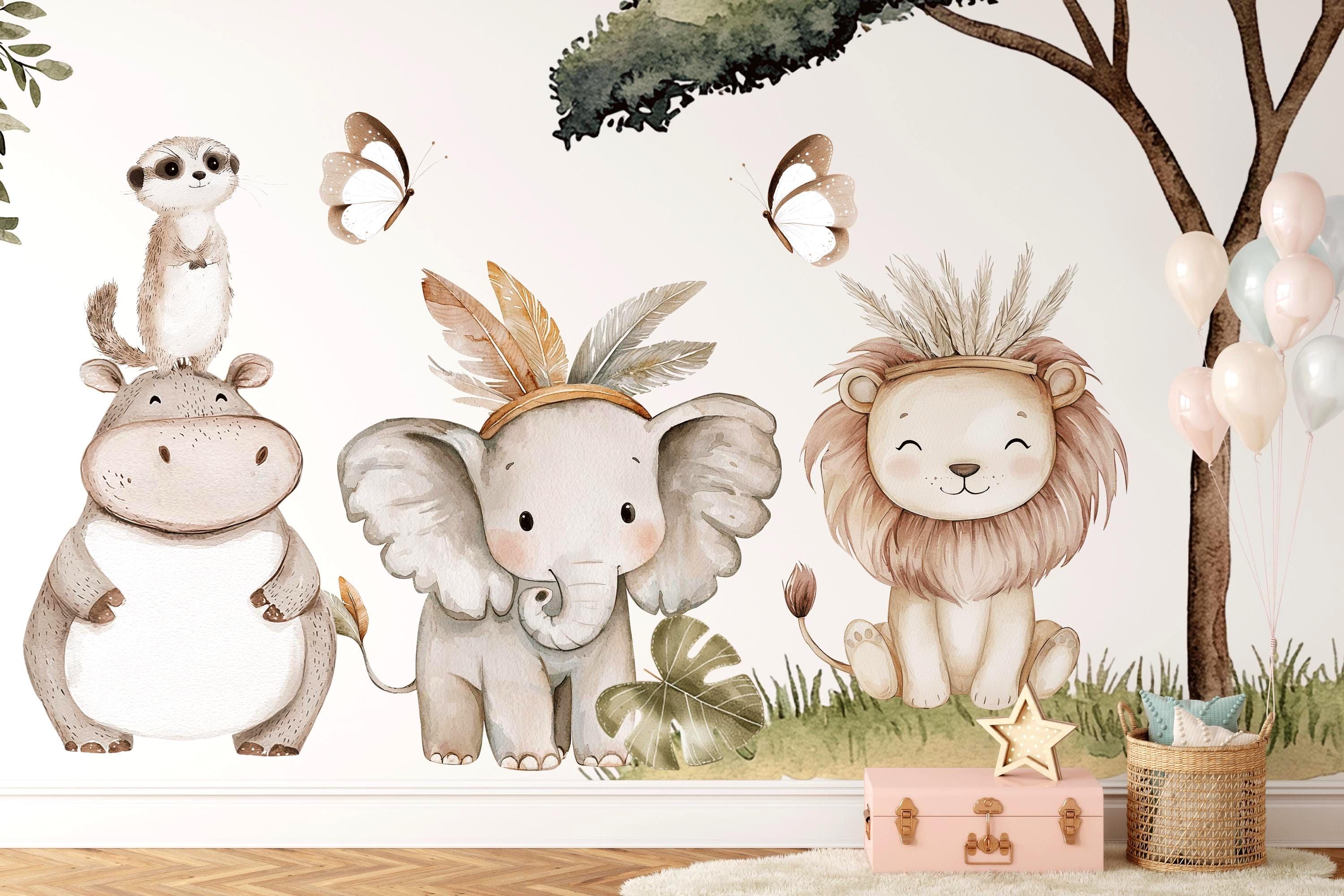 Watercolor Safari Nursery Wall Decals – Jungle Animal Wall Stickers for Kids – Elephant Giraffe Lion – Removable Vinyl Decor